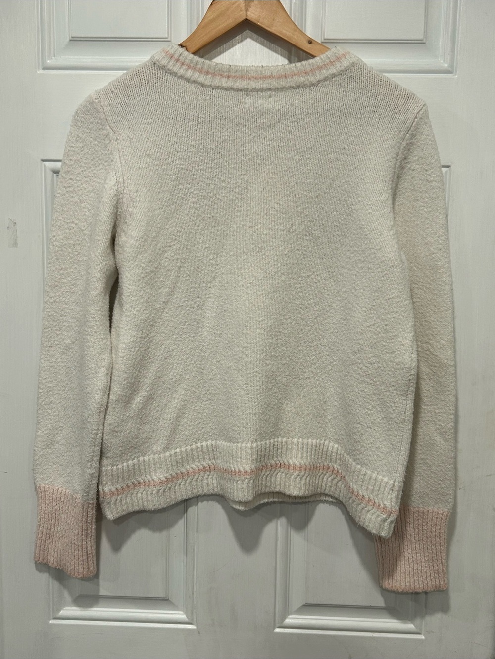 Faherty Serene Tipped Organic Cotton Knit Crew Neck Sweater Ivory/Pink - Medium - Picture 6 of 9